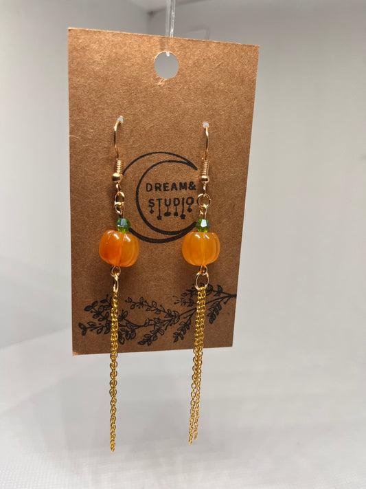 Gold Pumpkin Iridescent Bead Dangle Earrings