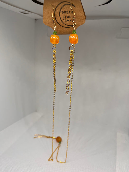 Gold Pumpkin Iridescent Bead Dangle Earring and Necklace Set