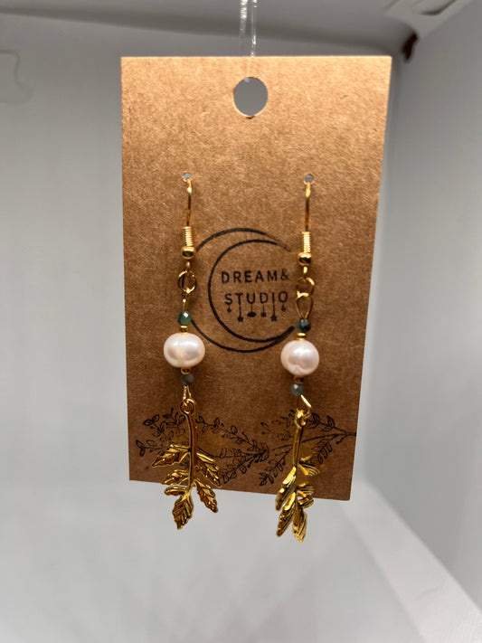 Gold Leafy Cultured Pearl Emerald Earrings