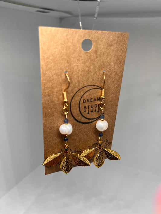 Gold Three Leaf Cultured Pearl Sapphire Earrings