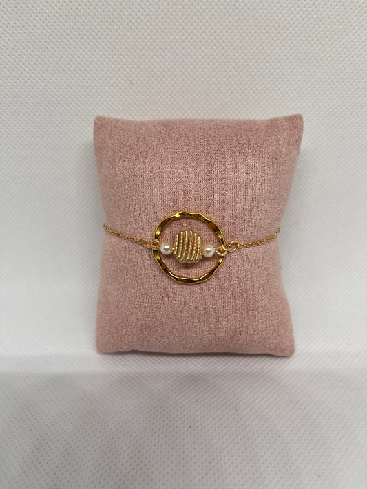 Gold Spiral and Pearl Bead Hammered Hoop Bracelet