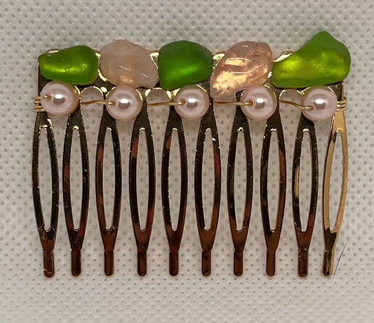 Ocean-Inspired Elegance: Green Sea Glass and Rose Quartz Hair Comb w/ Pearl Beads