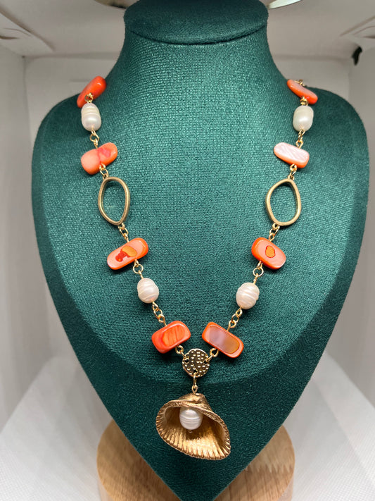 Seaside Orange Nautical Necklace With Cultured Pearls