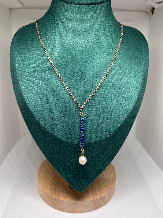 Blue Faceted Beads with Cultured Pearl Necklace