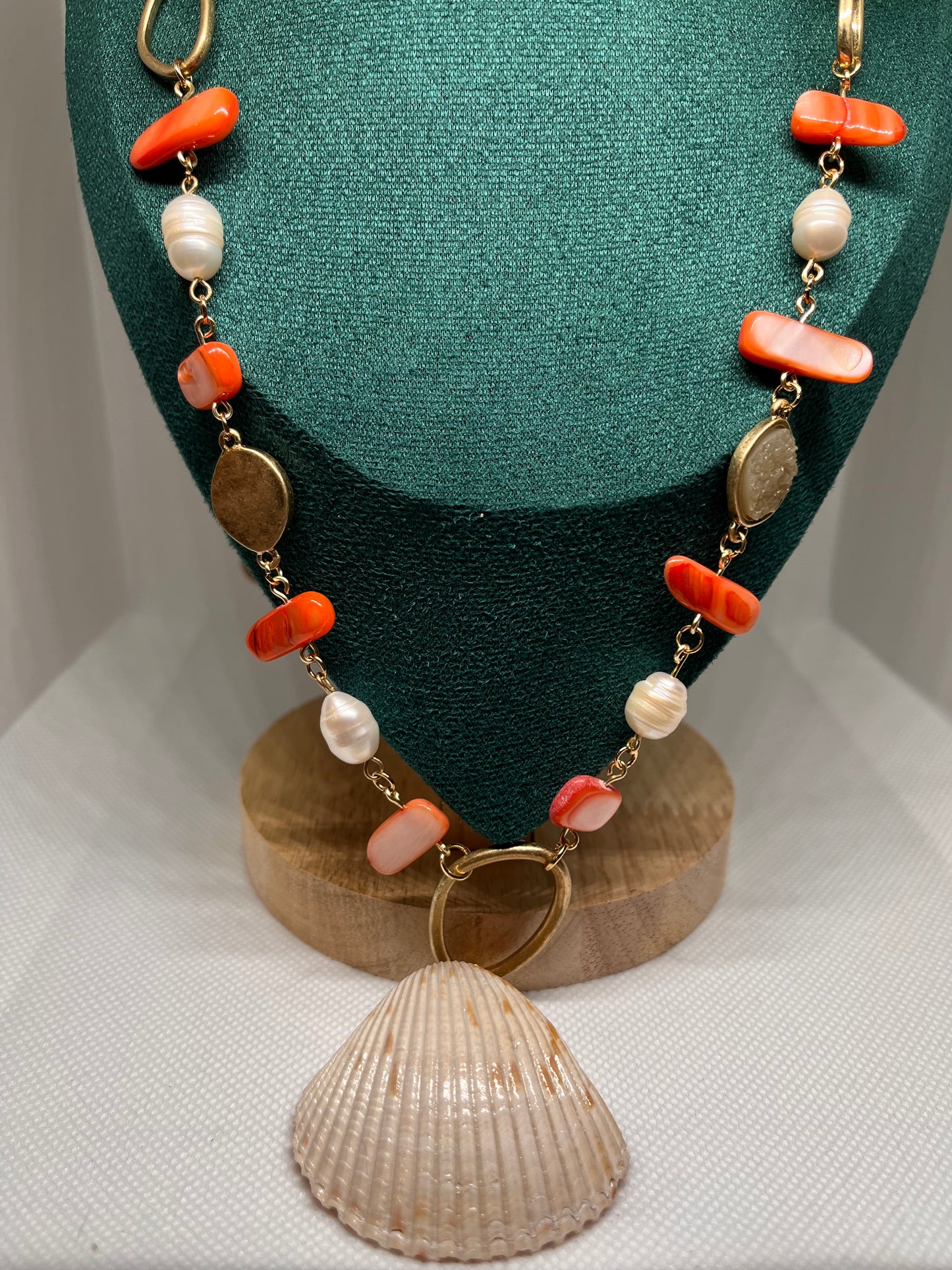 Seaside Orange Nautical Necklace With Cultured Pearls and Glazed Seashell