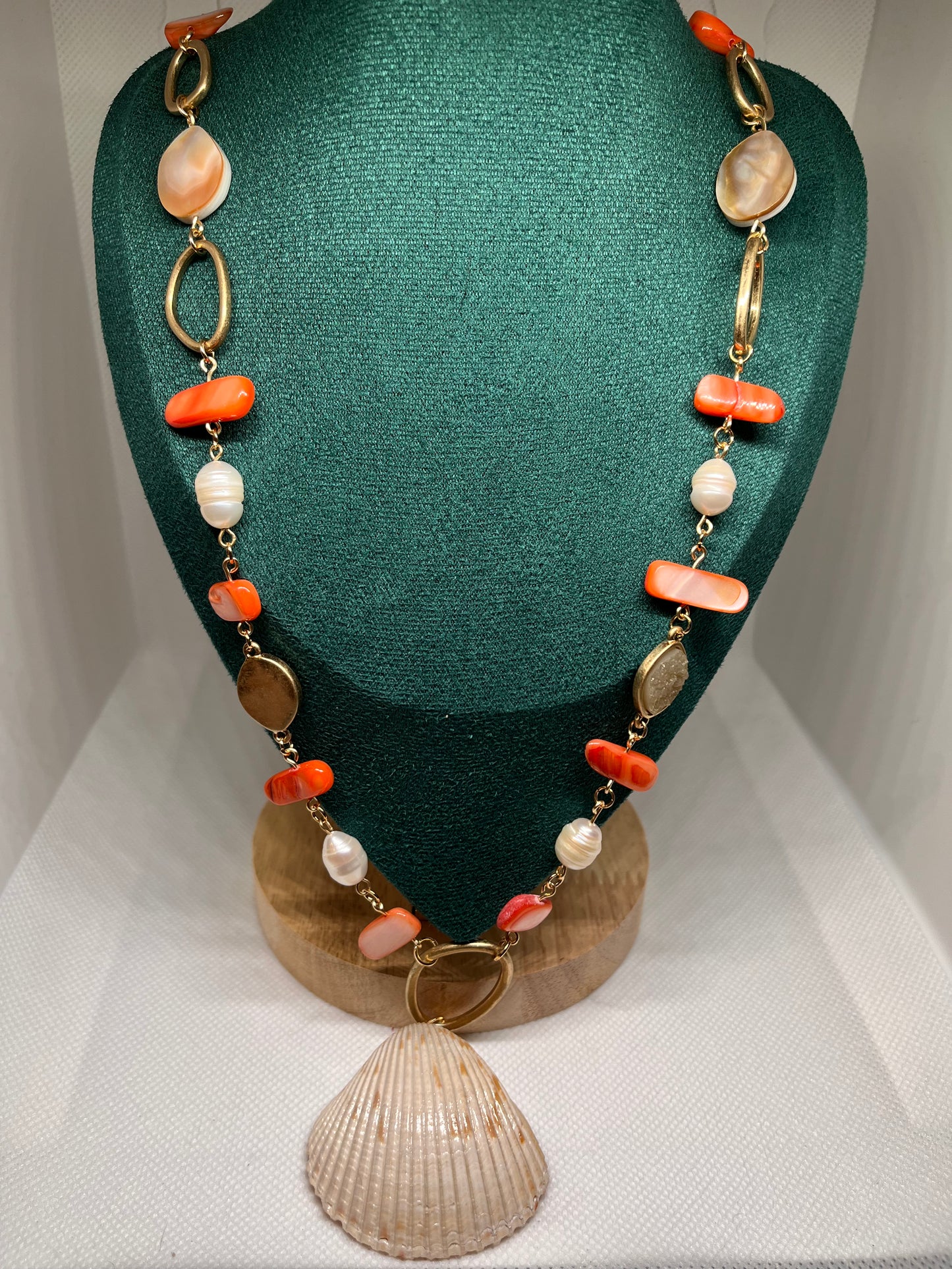 Seaside Orange Nautical Necklace With Cultured Pearls and Glazed Seashell