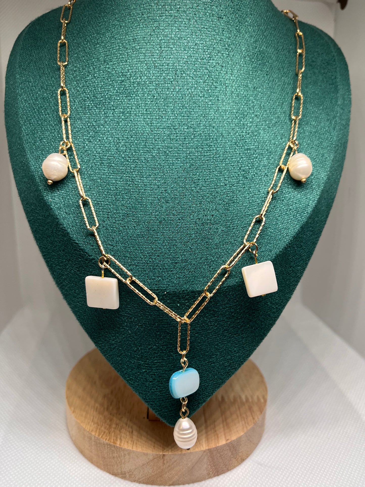 Seaside Blue With Cultured Pearls Minimalist Paperclip Necklace