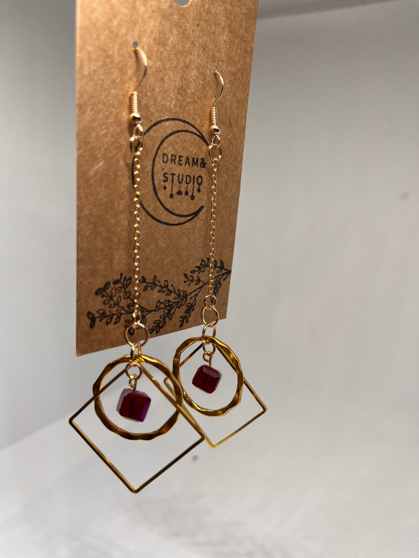 Geometric Gold Hoops with Red Bead Earrings