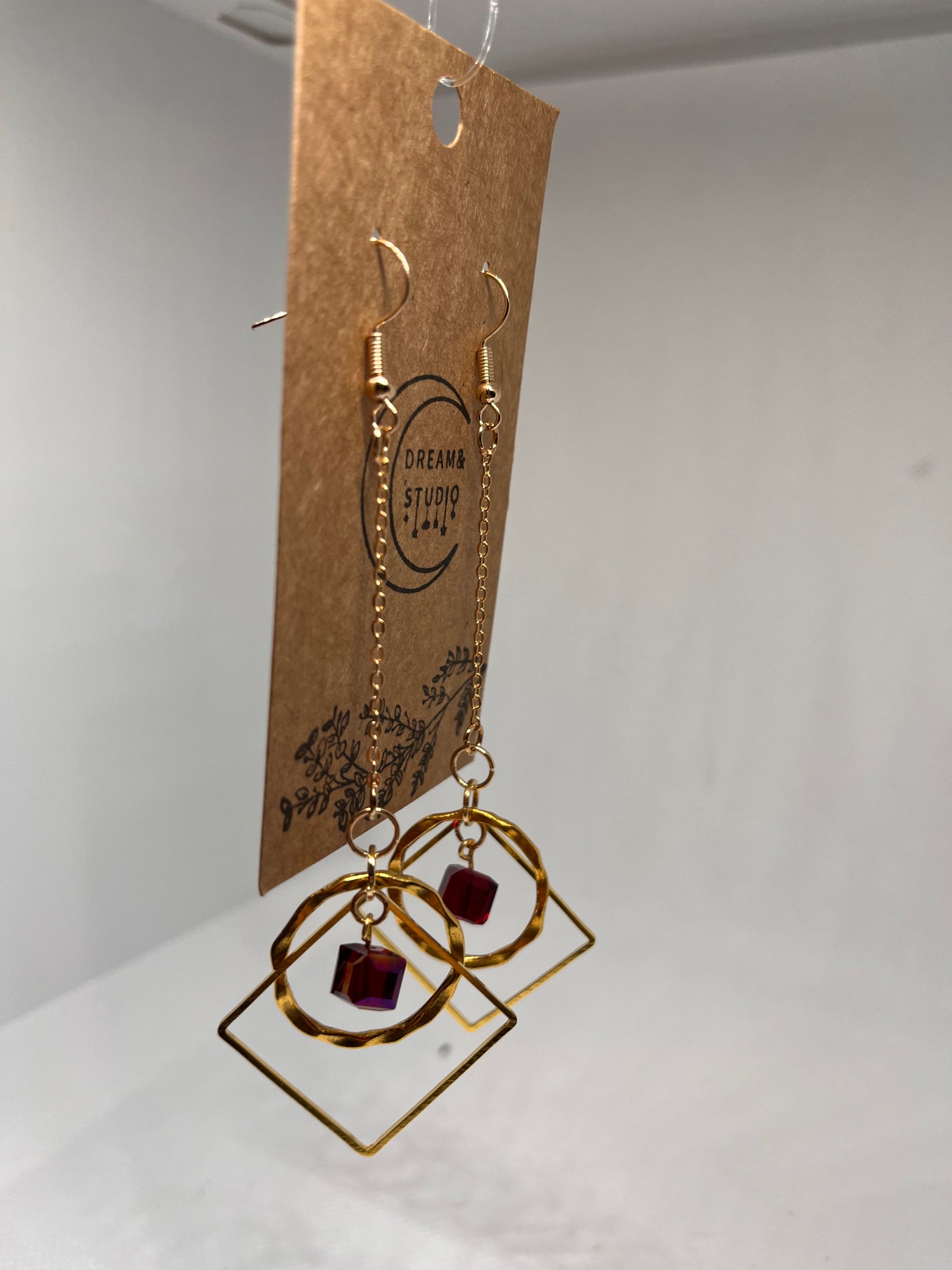 Geometric Gold Hoops with Red Bead Earrings